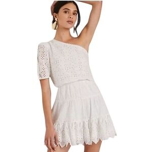 HEMANT & NANDITA Cream/White Eyelet One-Shoulder Tiered Mini Skirt Dress Size 8